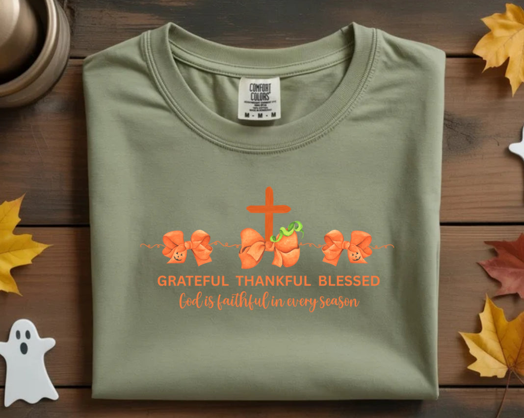 Pumpkin Bows Grateful Thankful Blessed Comfort Color Shirts