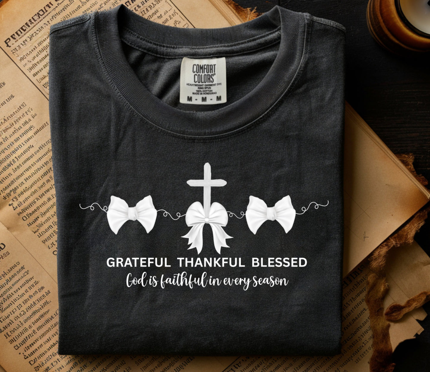 White Bows Grateful Thankful Blessed Comfort Color Shirts