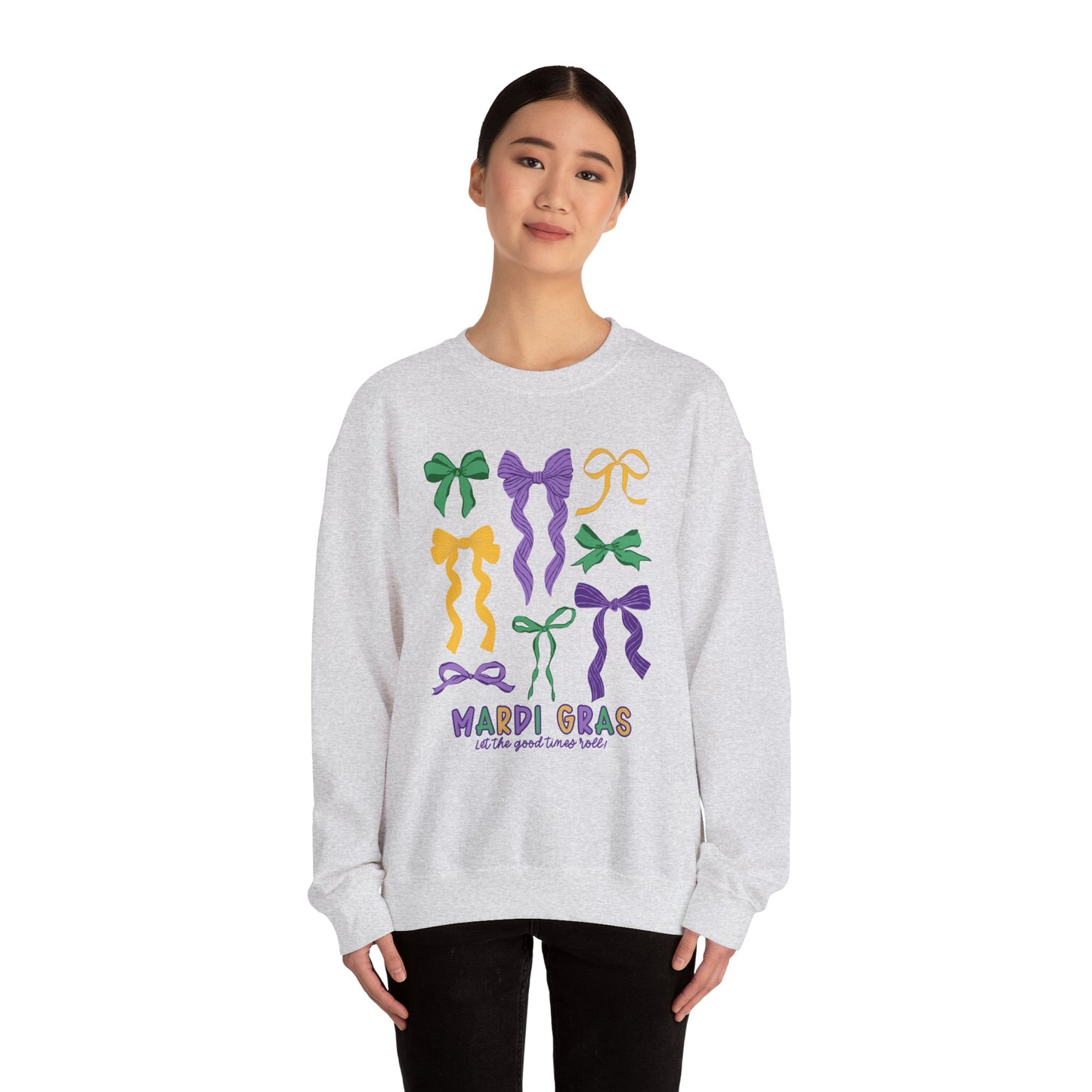 Mardi Gras Croquette Bow on a Gildan Sweatshirt