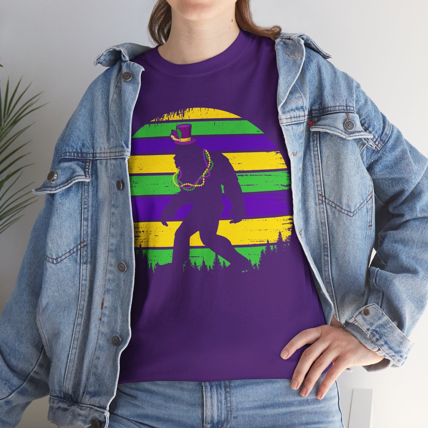 Mardi Gras Bigfoot Sasquatch on a Gildan T-Shirt