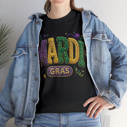 Mardi Gras Faux Yarn Design on a Gildan T-Shirt