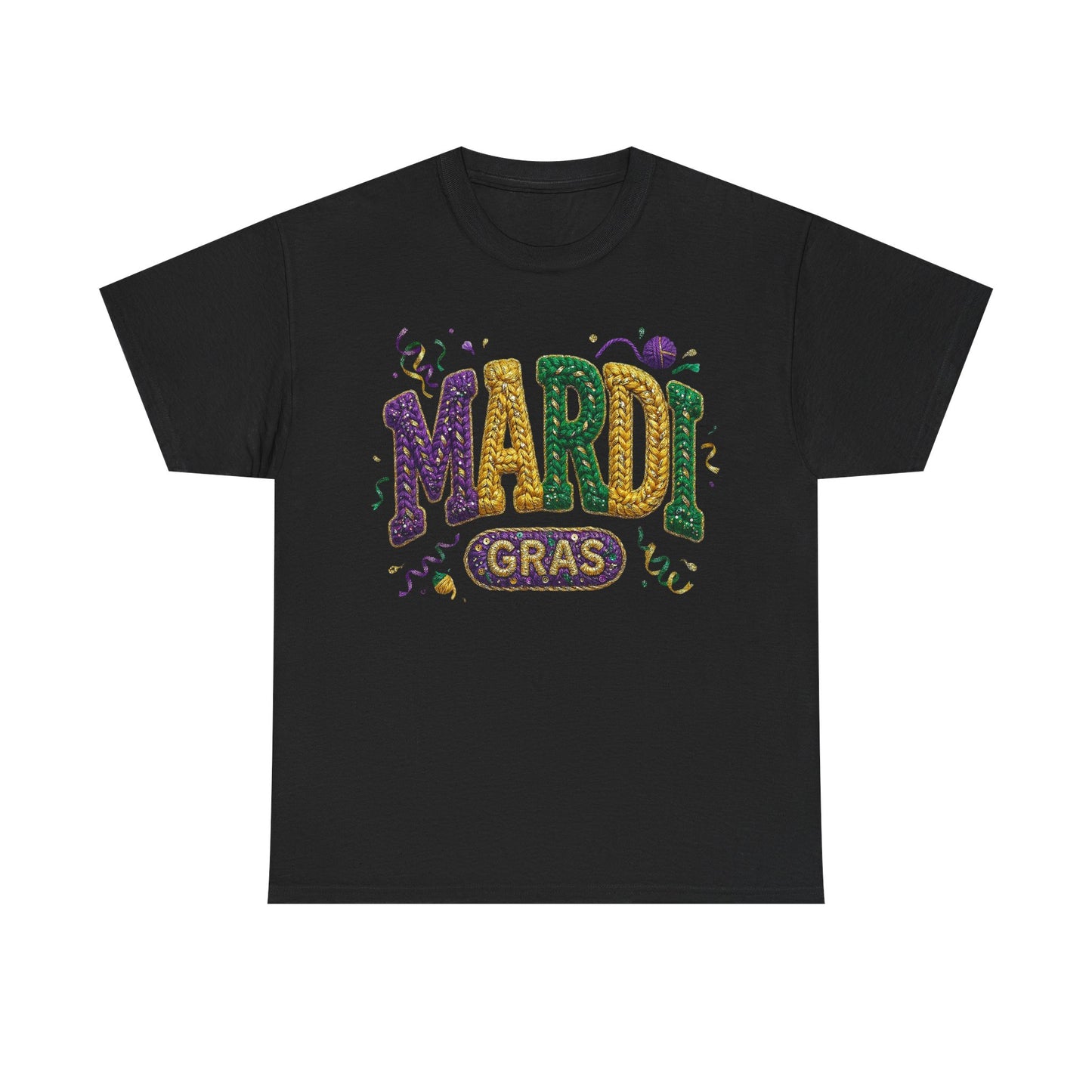 Mardi Gras Faux Yarn Design on a Gildan T-Shirt