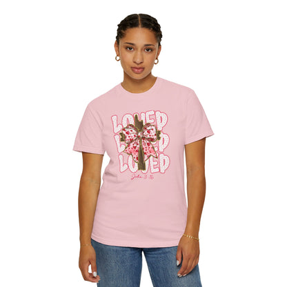 Loved Cross John 3:16 Christian T‑Shirt — Pink Ribbon Cross Graphic “Loved” on Comfort Color Shirt
