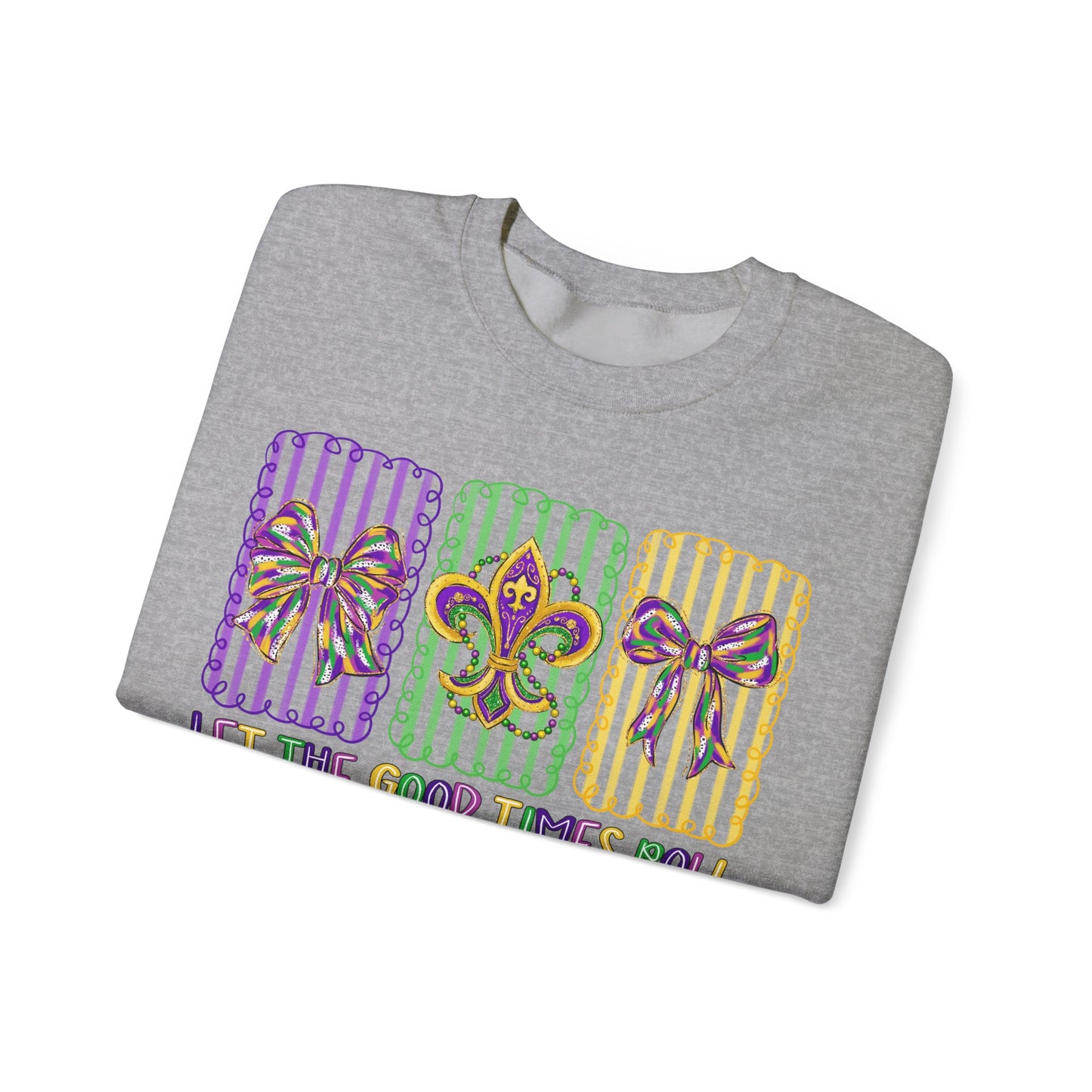 Mardi Gras Gildan Crewneck Sweatshirt – 'Let The Good Times Roll' Mask & Beads Design
