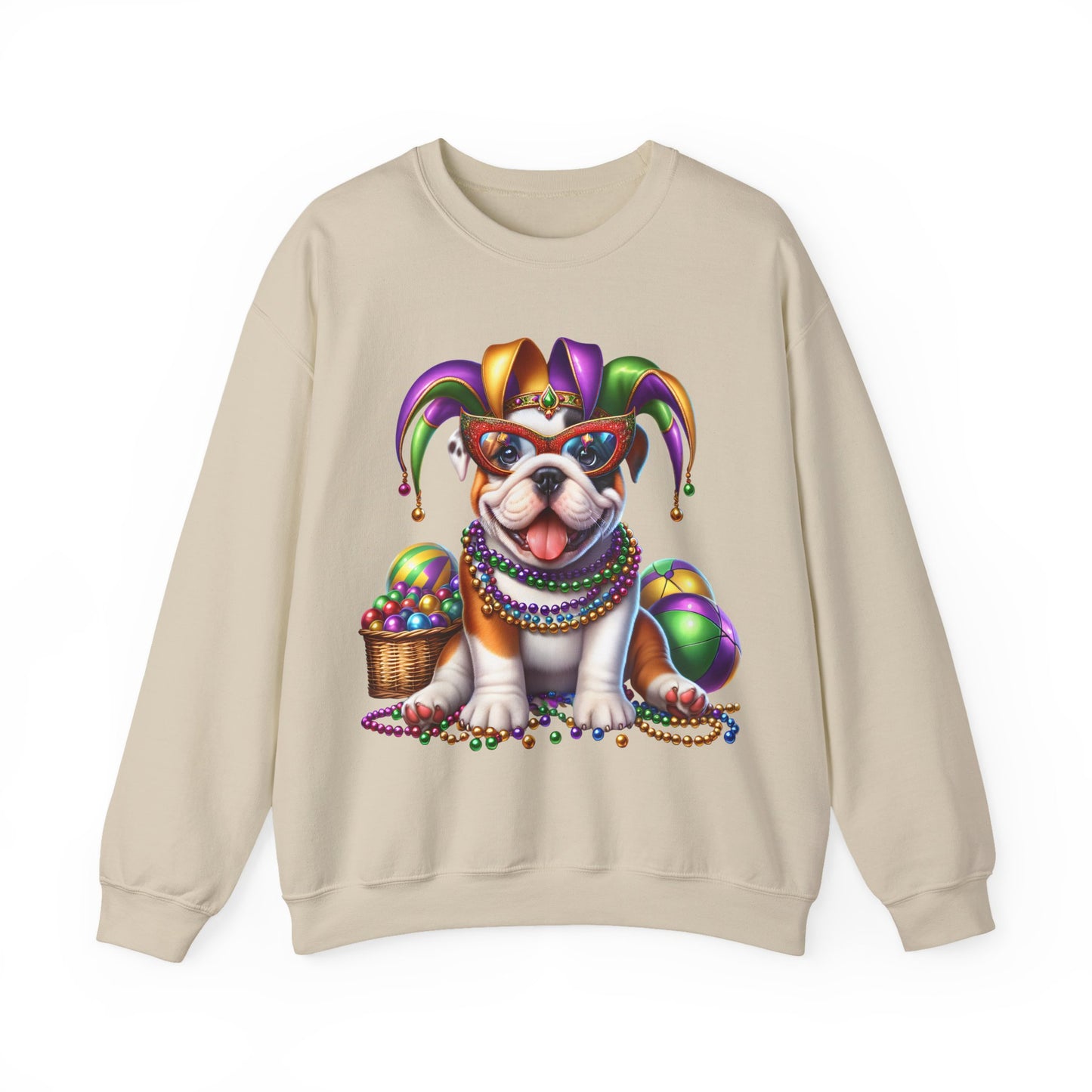 Mardi Gras Bulldog Sweatshirt — Jester Dog with Beads & Masks on a Gildan sweatshirt
