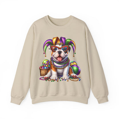 Mardi Gras Bulldog Sweatshirt — Jester Dog with Beads & Masks on a Gildan sweatshirt