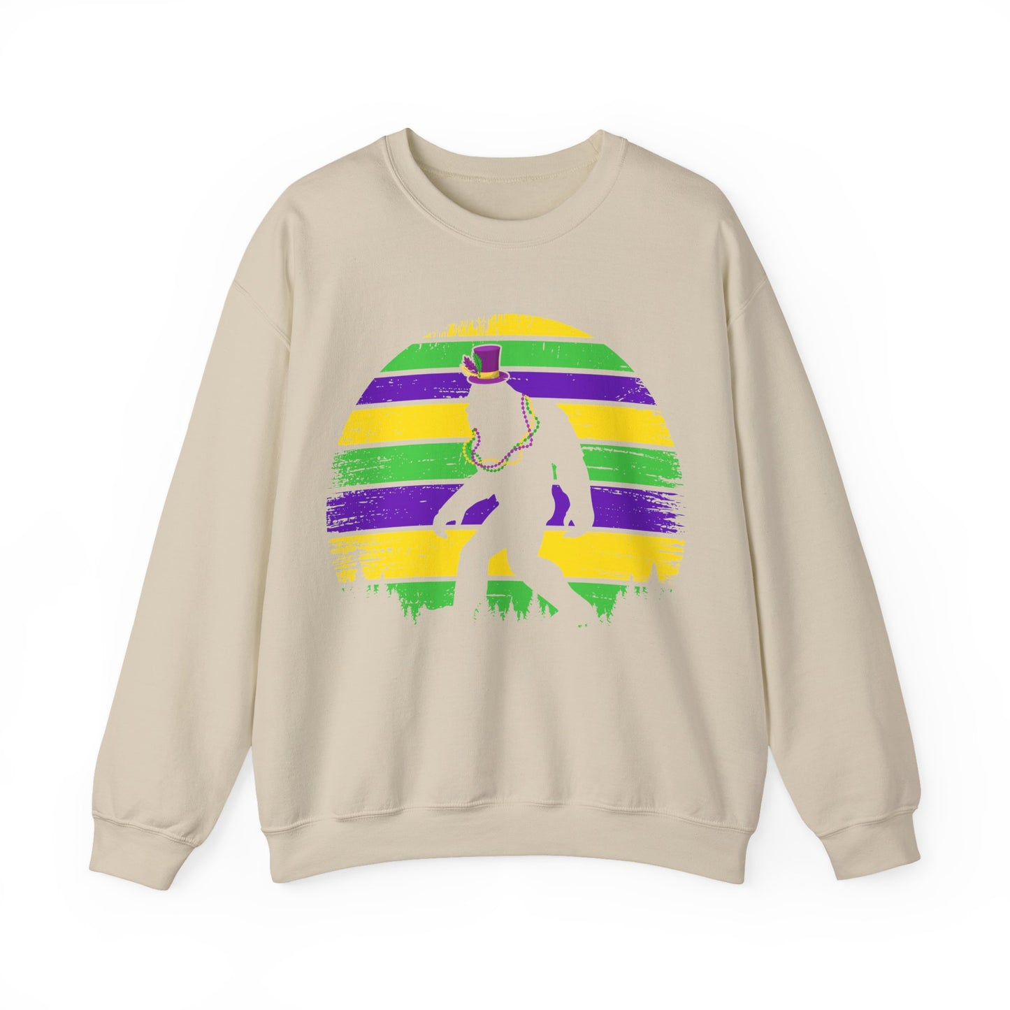 Mardi Gras Bigfoot Sasquatch on a Gildan Sweatshirt