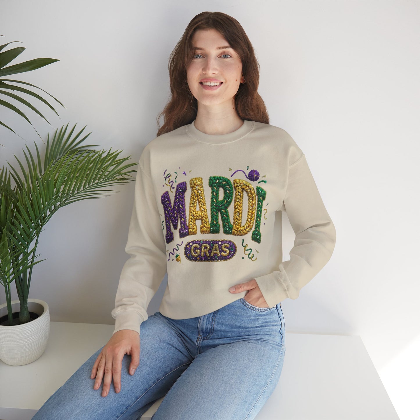 Mardi Gras Faux Yarn Design on a Gildan Sweatshirt