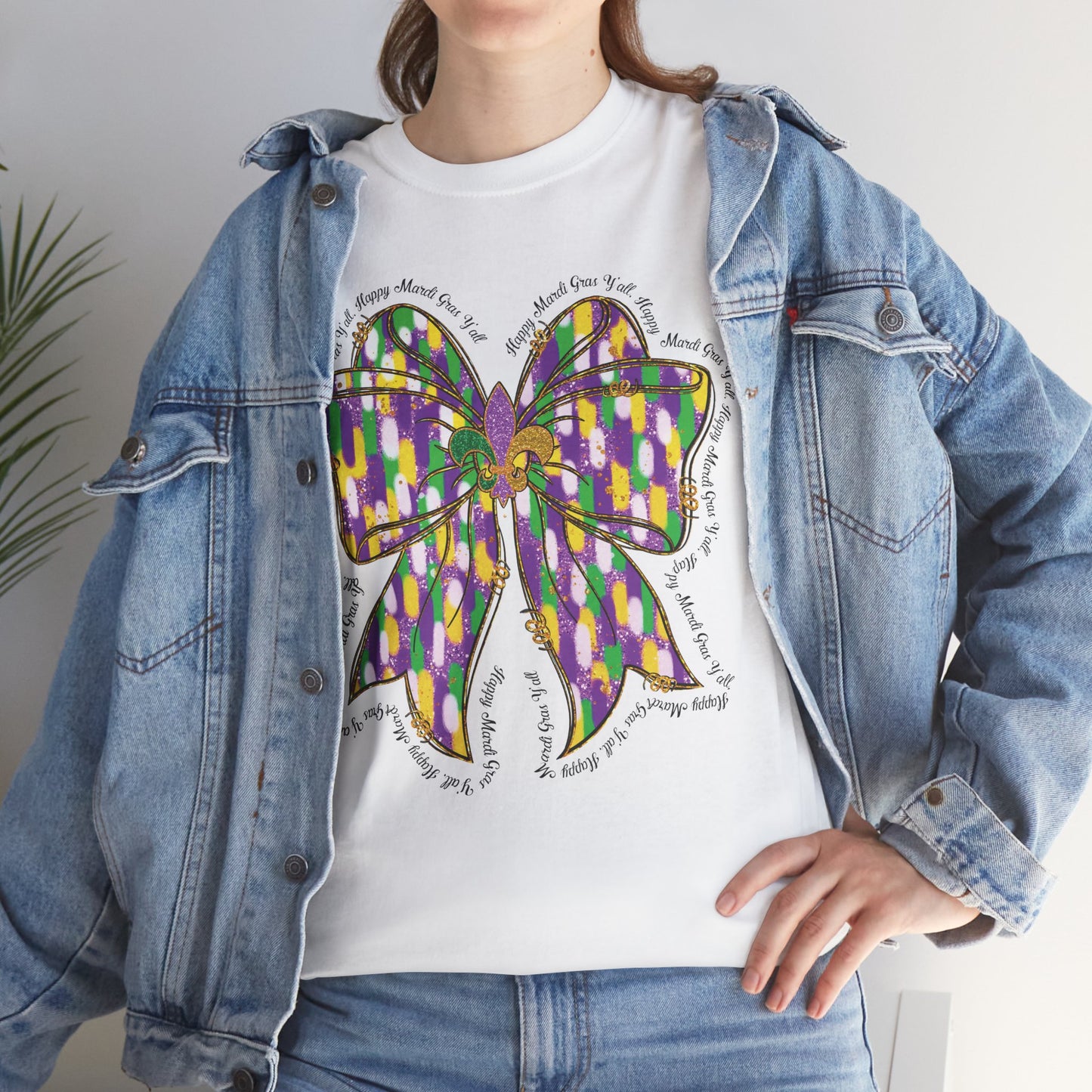 Mardi Gras Croquette Bow on a Gildan T-Shirt