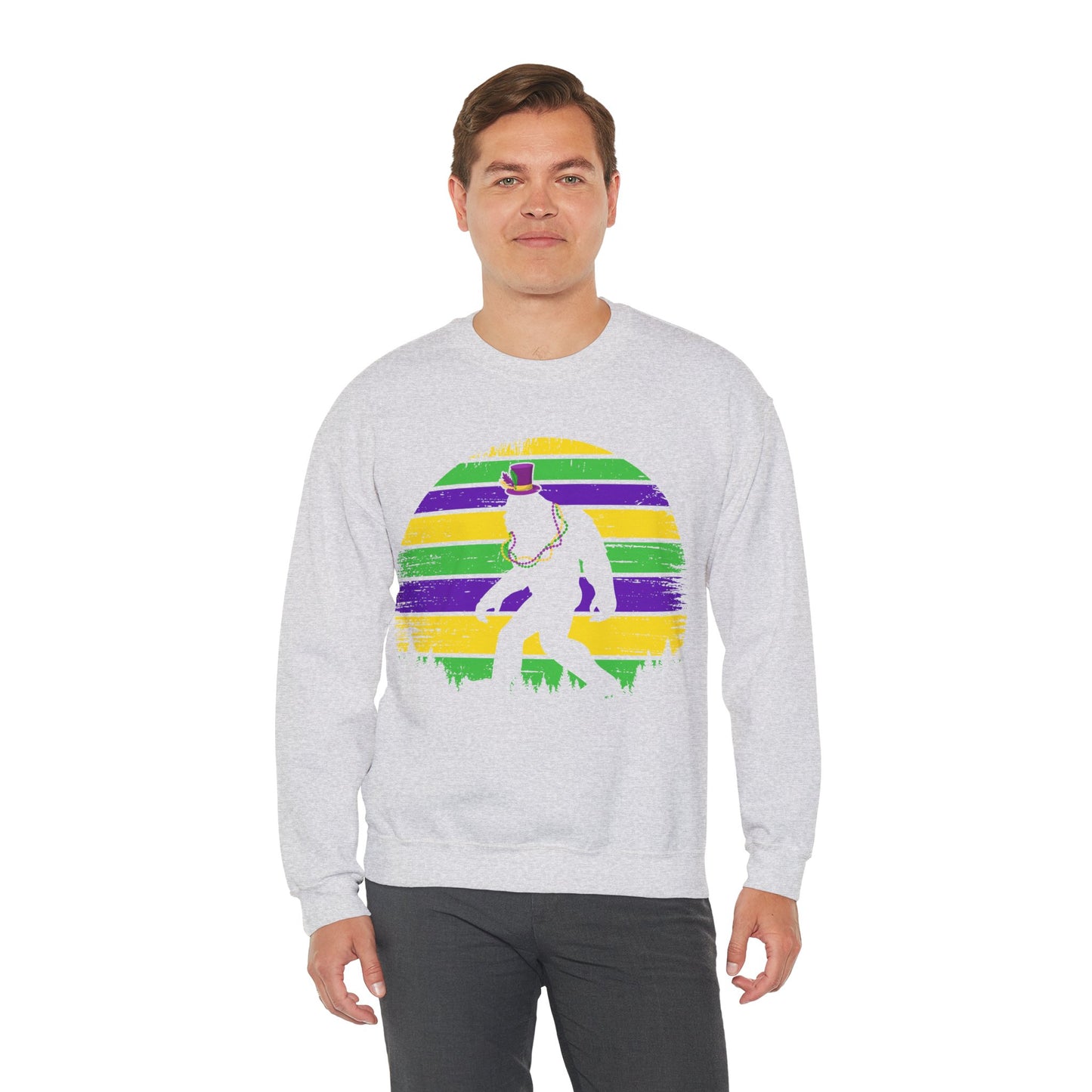 Mardi Gras Bigfoot Sasquatch on a Gildan Sweatshirt