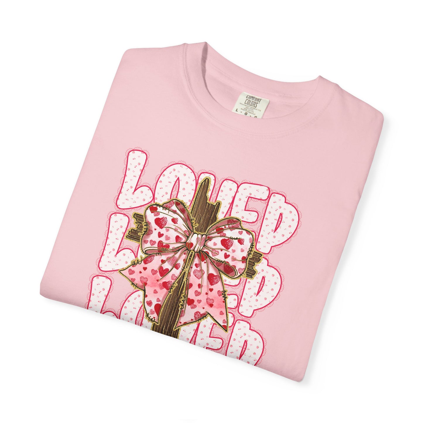 Loved Cross John 3:16 Christian T‑Shirt — Pink Ribbon Cross Graphic “Loved” on Comfort Color Shirt
