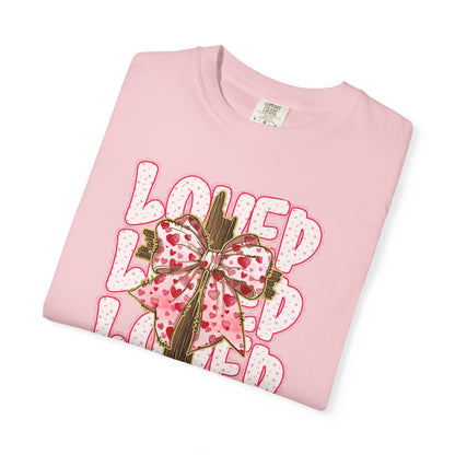 Loved Cross John 3:16 Christian T‑Shirt — Pink Ribbon Cross Graphic “Loved” on Comfort Color Shirt