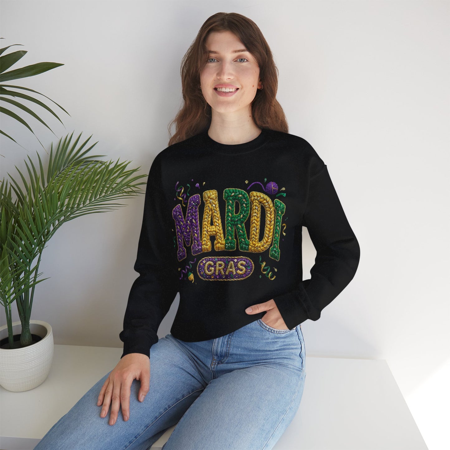 Mardi Gras Faux Yarn Design on a Gildan Sweatshirt