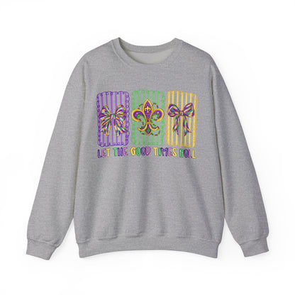 Mardi Gras Gildan Crewneck Sweatshirt – 'Let The Good Times Roll' Mask & Beads Design