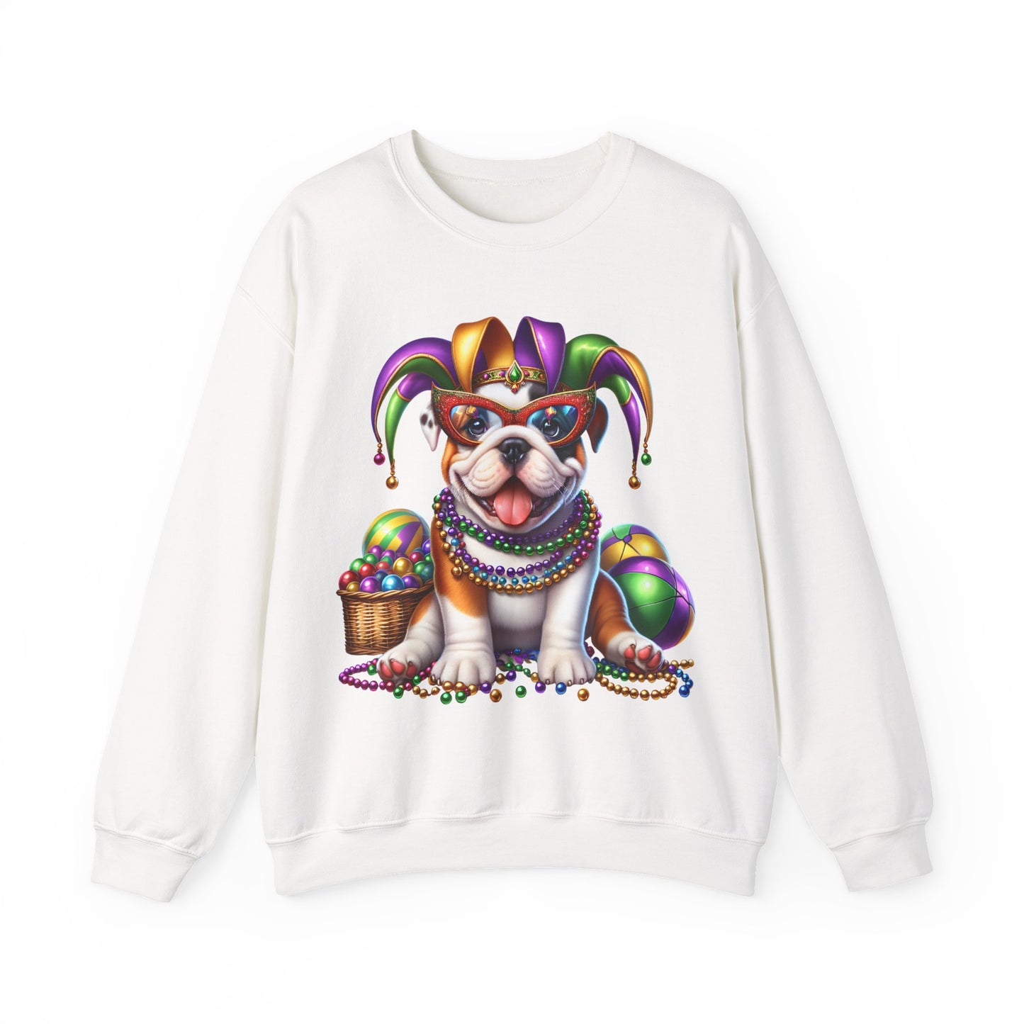 Mardi Gras Bulldog Sweatshirt — Jester Dog with Beads & Masks on a Gildan sweatshirt