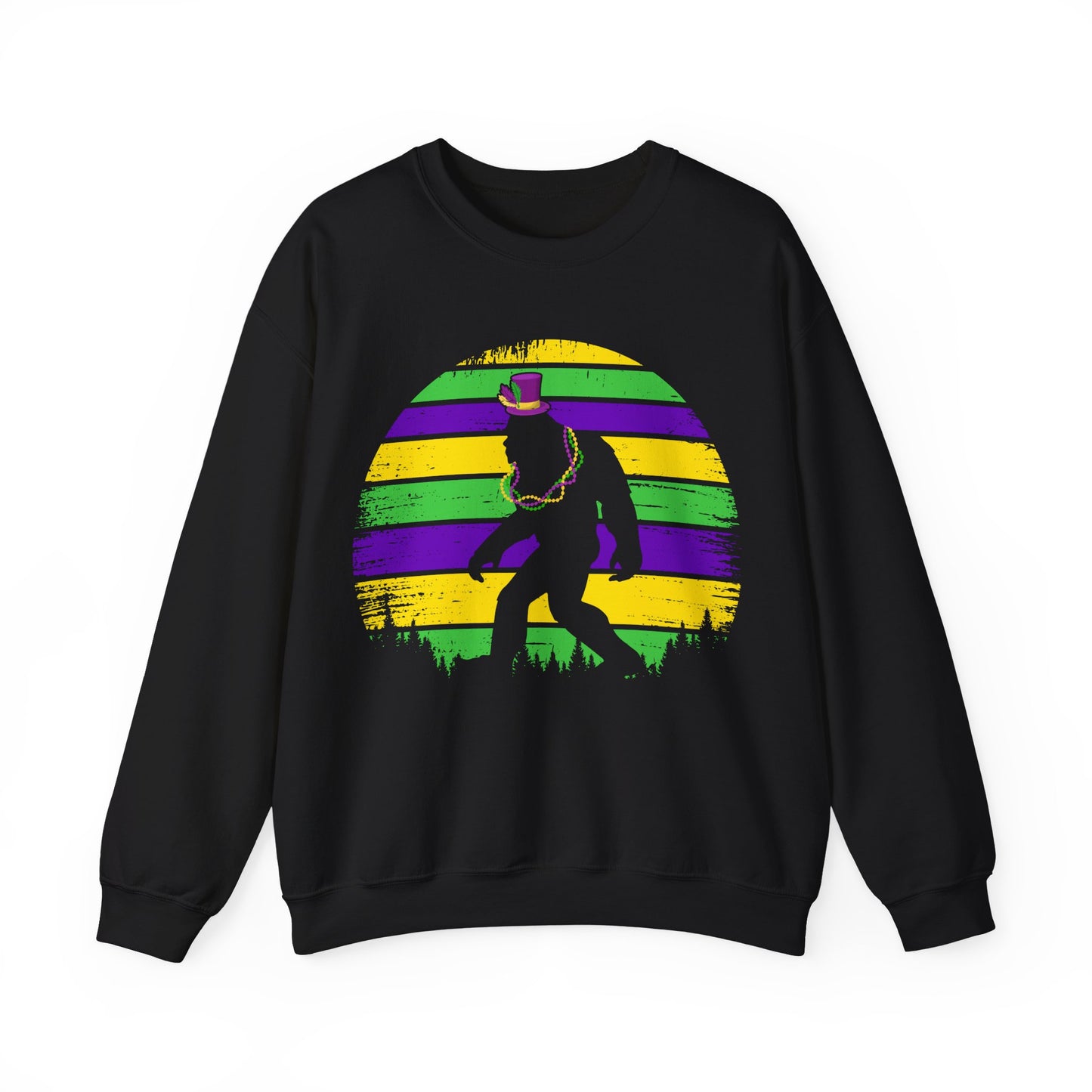 Mardi Gras Bigfoot Sasquatch on a Gildan Sweatshirt