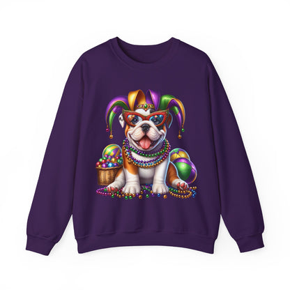 Mardi Gras Bulldog Sweatshirt — Jester Dog with Beads & Masks on a Gildan sweatshirt