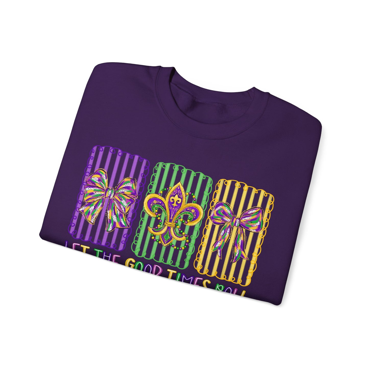 Mardi Gras Gildan Crewneck Sweatshirt – 'Let The Good Times Roll' Mask & Beads Design
