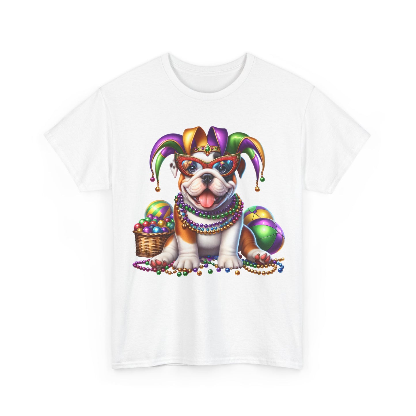 Mardi Gras Bulldog T-Shirt — Jester Dog with Beads & Masks on a Gildan Shirt