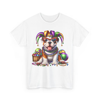 Mardi Gras Bulldog T-Shirt — Jester Dog with Beads & Masks on a Gildan Shirt