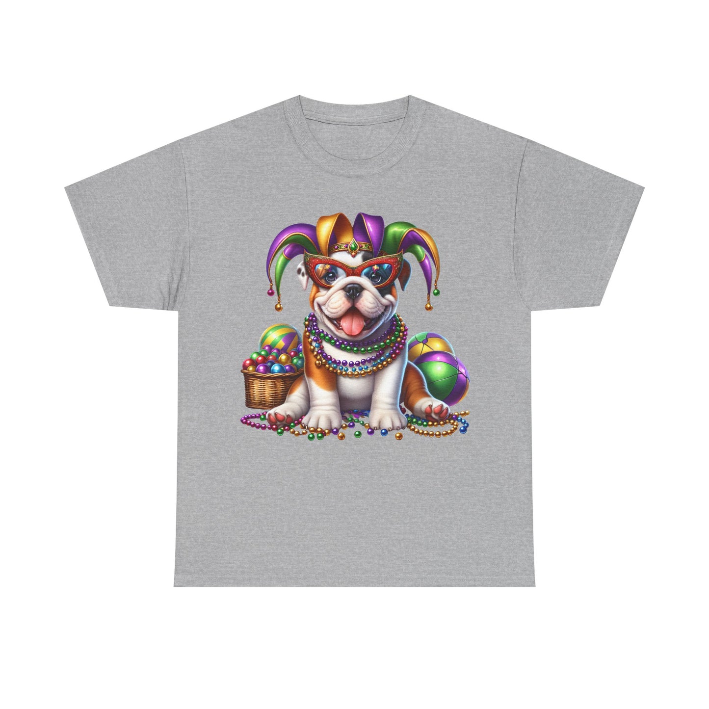 Mardi Gras Bulldog T-Shirt — Jester Dog with Beads & Masks on a Gildan Shirt