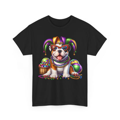 Mardi Gras Bulldog T-Shirt — Jester Dog with Beads & Masks on a Gildan Shirt