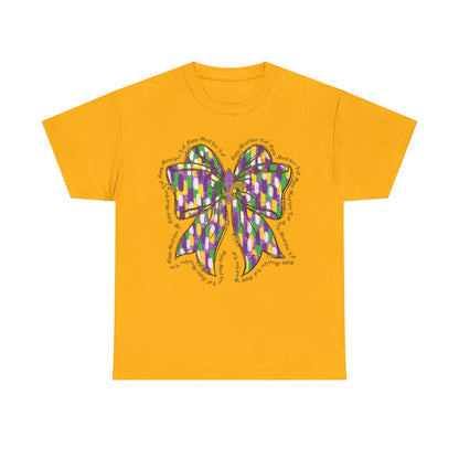 Mardi Gras Croquette Bow on a Gildan T-Shirt