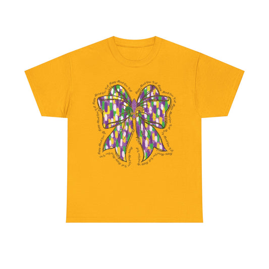 Mardi Gras Croquette Bow on a Gildan T-Shirt