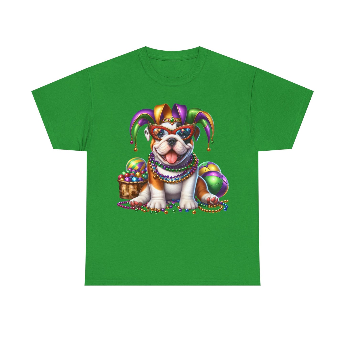 Mardi Gras Bulldog T-Shirt — Jester Dog with Beads & Masks on a Gildan Shirt
