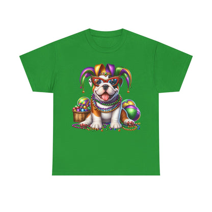 Mardi Gras Bulldog T-Shirt — Jester Dog with Beads & Masks on a Gildan Shirt