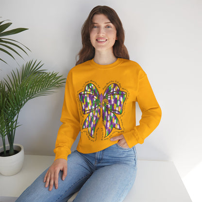 Mardi Gras Croquette Bow on a Gildan Sweatshirt