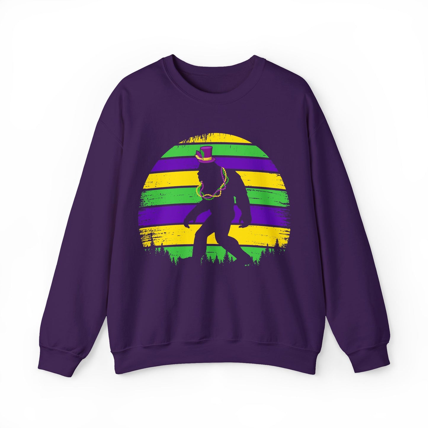 Mardi Gras Bigfoot Sasquatch on a Gildan Sweatshirt
