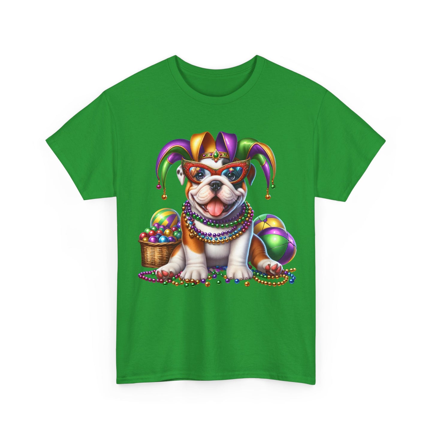 Mardi Gras Bulldog T-Shirt — Jester Dog with Beads & Masks on a Gildan Shirt