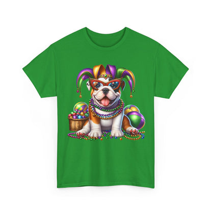 Mardi Gras Bulldog T-Shirt — Jester Dog with Beads & Masks on a Gildan Shirt