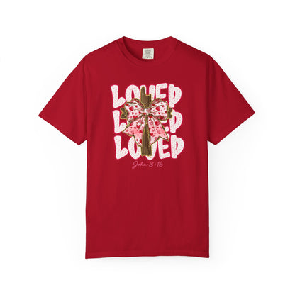 Loved Cross John 3:16 Christian T‑Shirt — Pink Ribbon Cross Graphic “Loved” on Comfort Color Shirt