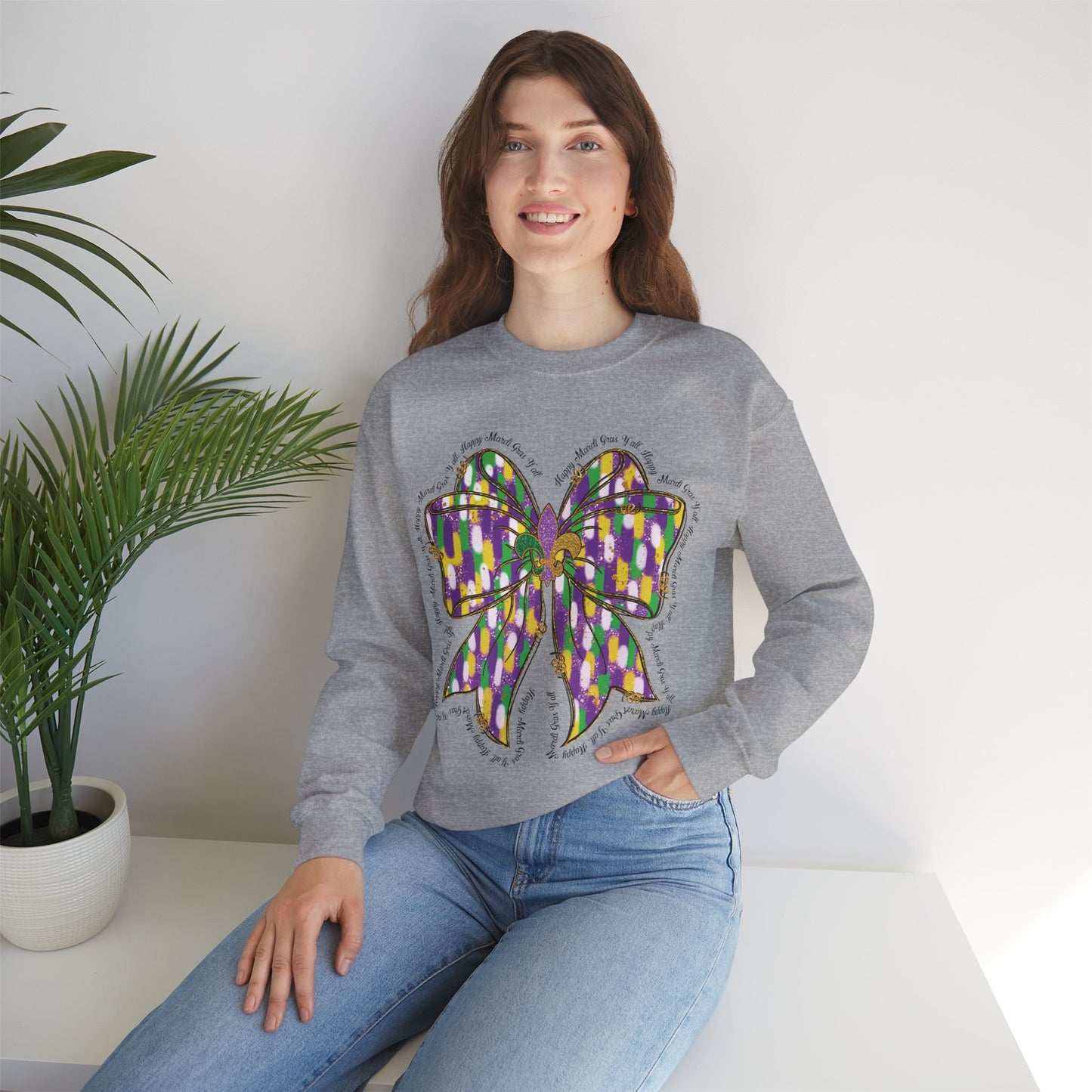 Mardi Gras Croquette Bow on a Gildan Sweatshirt