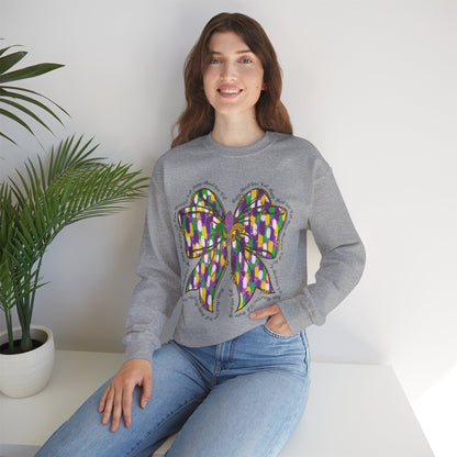 Mardi Gras Croquette Bow on a Gildan Sweatshirt