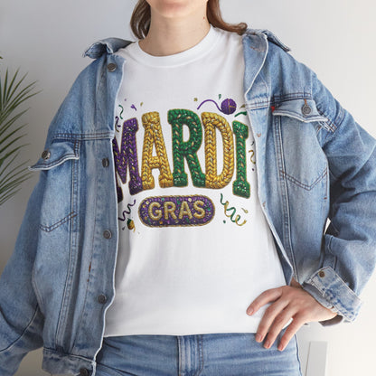 Mardi Gras Faux Yarn Design on a Gildan T-Shirt
