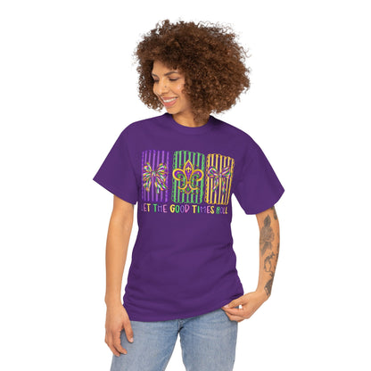 Mardi Gras Gildan T-Shirt – 'Let The Good Times Roll' Mask & Beads Design