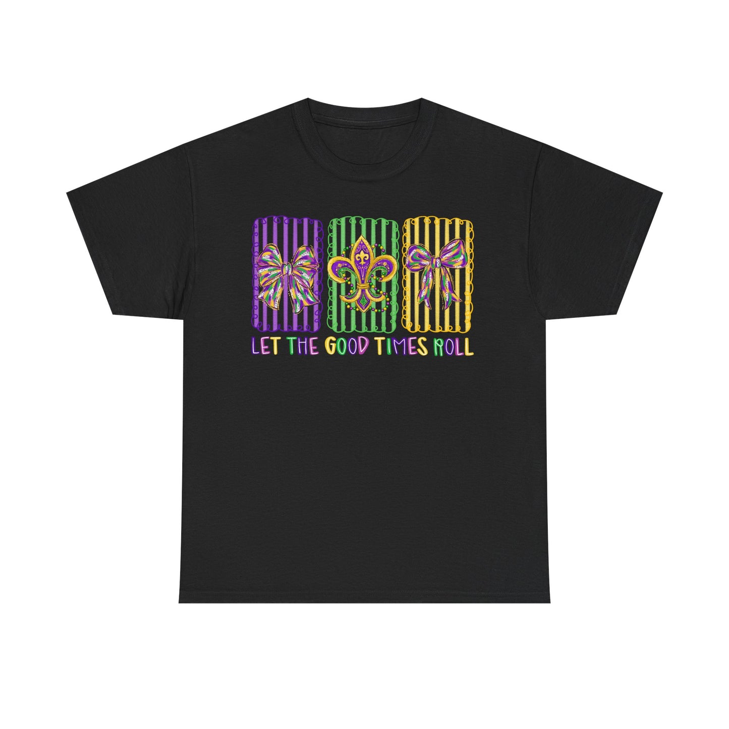 Mardi Gras Gildan T-Shirt – 'Let The Good Times Roll' Mask & Beads Design