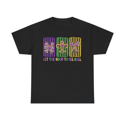 Mardi Gras Gildan T-Shirt – 'Let The Good Times Roll' Mask & Beads Design