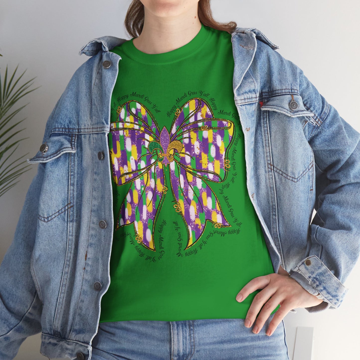 Mardi Gras Croquette Bow on a Gildan T-Shirt