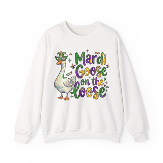 Mardi Gras Goose on the Loose Design on a Gildan Sweatshirt
