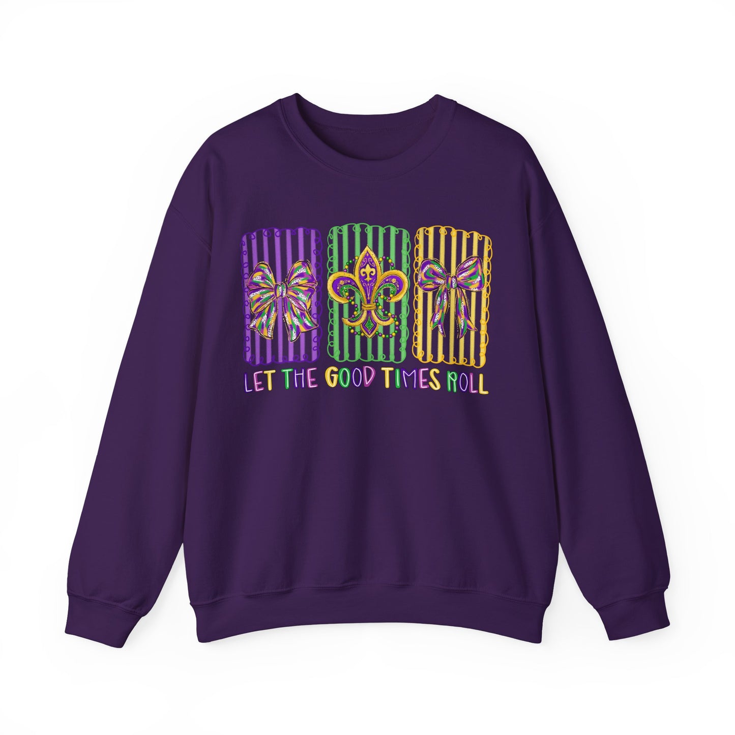 Mardi Gras Gildan Crewneck Sweatshirt – 'Let The Good Times Roll' Mask & Beads Design
