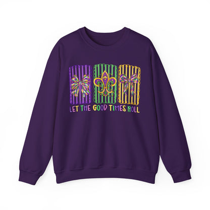Mardi Gras Gildan Crewneck Sweatshirt – 'Let The Good Times Roll' Mask & Beads Design