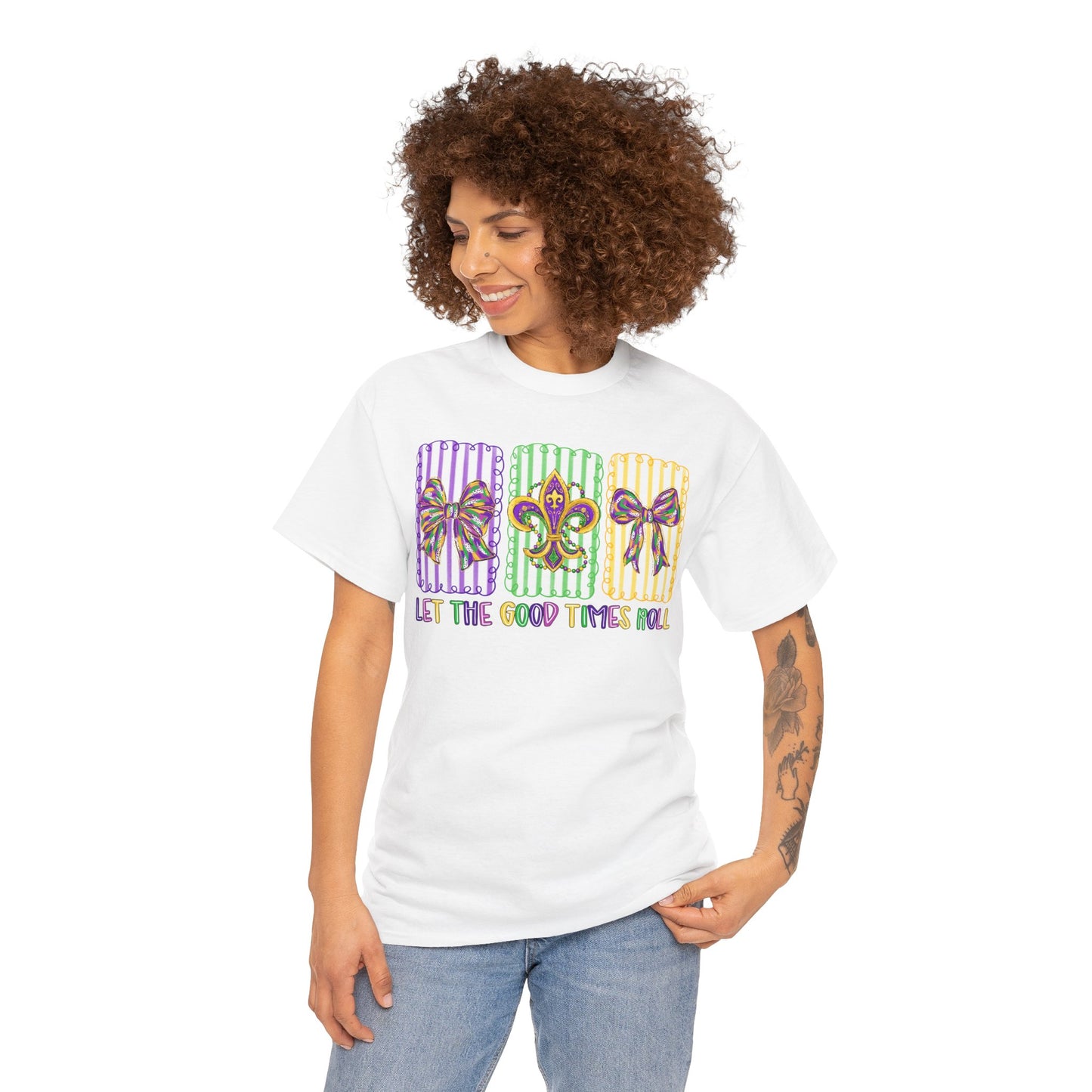Mardi Gras Gildan T-Shirt – 'Let The Good Times Roll' Mask & Beads Design