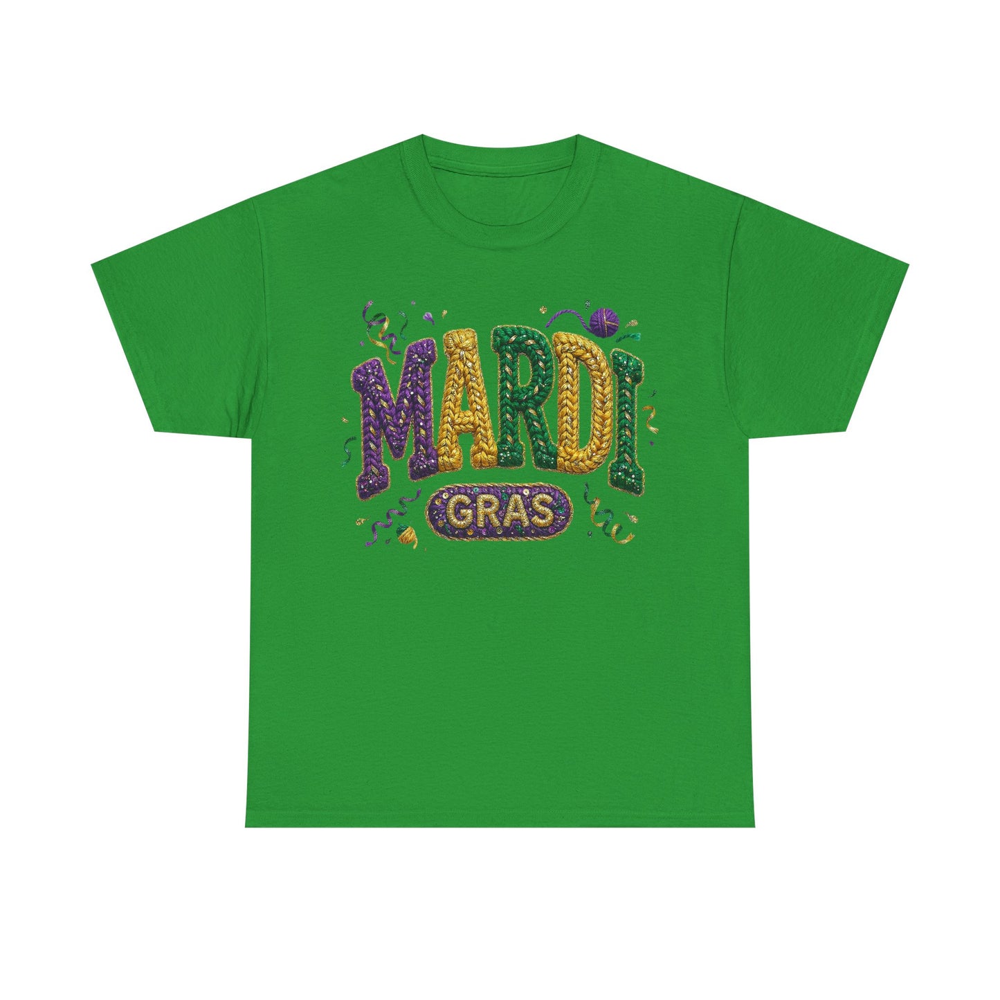 Mardi Gras Faux Yarn Design on a Gildan T-Shirt