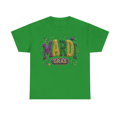 Mardi Gras Faux Yarn Design on a Gildan T-Shirt