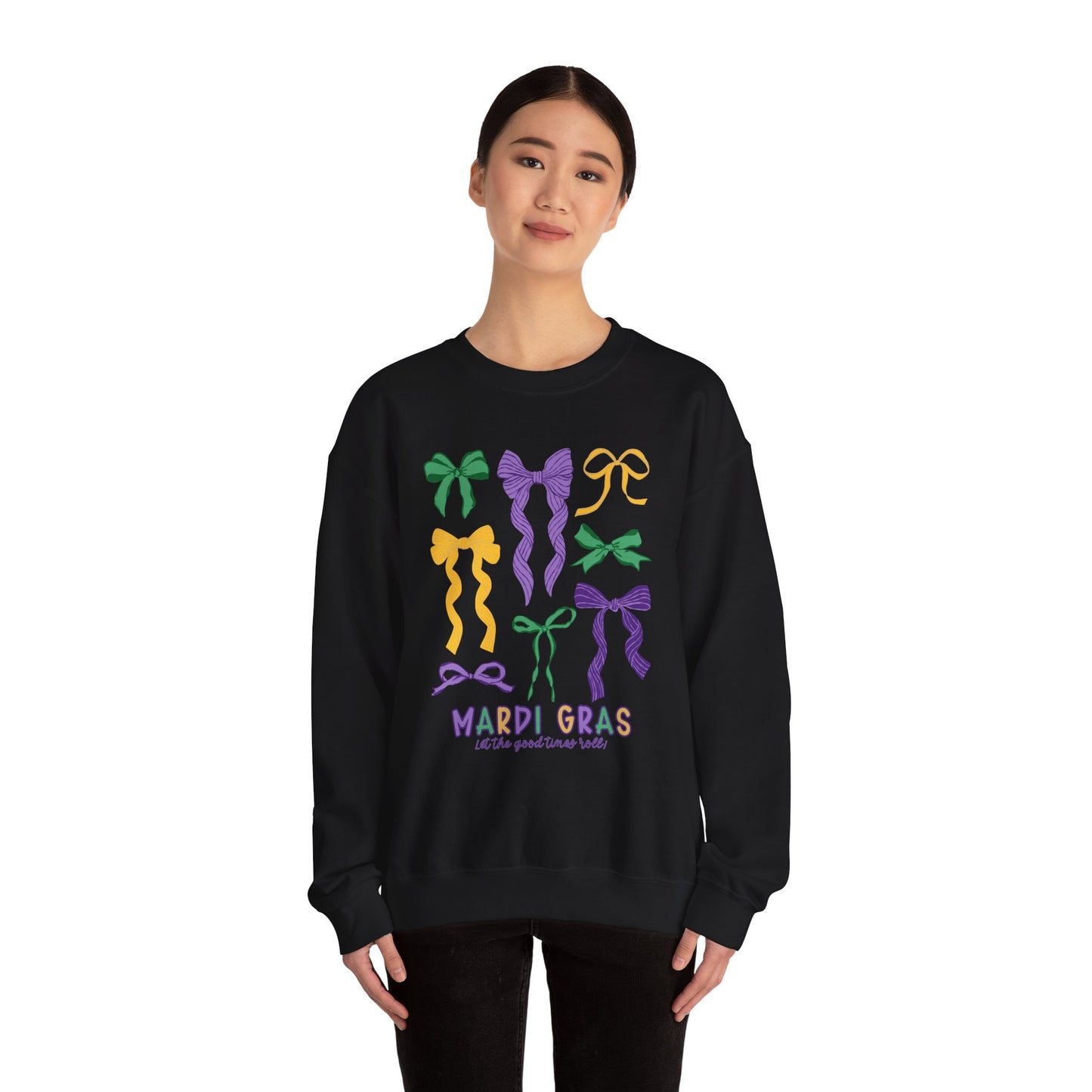 Mardi Gras Croquette Bow on a Gildan Sweatshirt