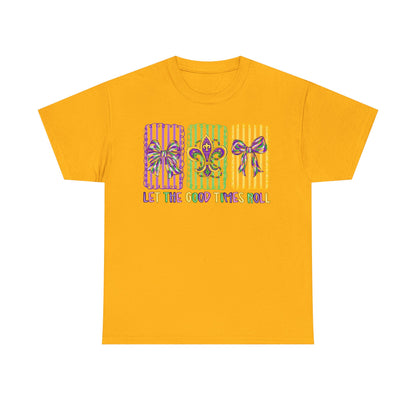 Mardi Gras Gildan T-Shirt – 'Let The Good Times Roll' Mask & Beads Design